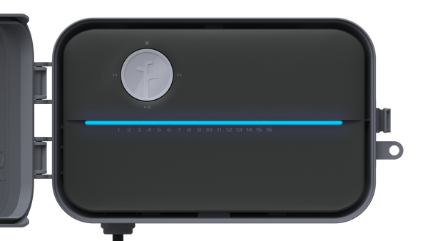 Pro Series with enclosure open showing black face plate, gray buttons and blue light bar.